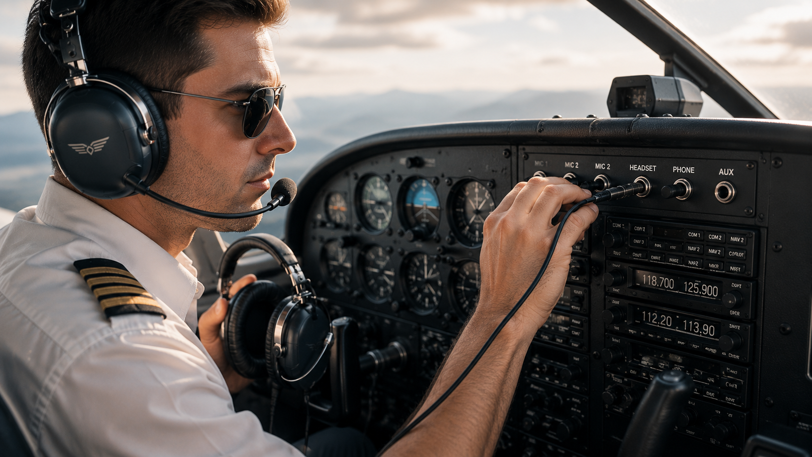 Piloto conectando audífonos de aviación al panel de audio de la aeronave