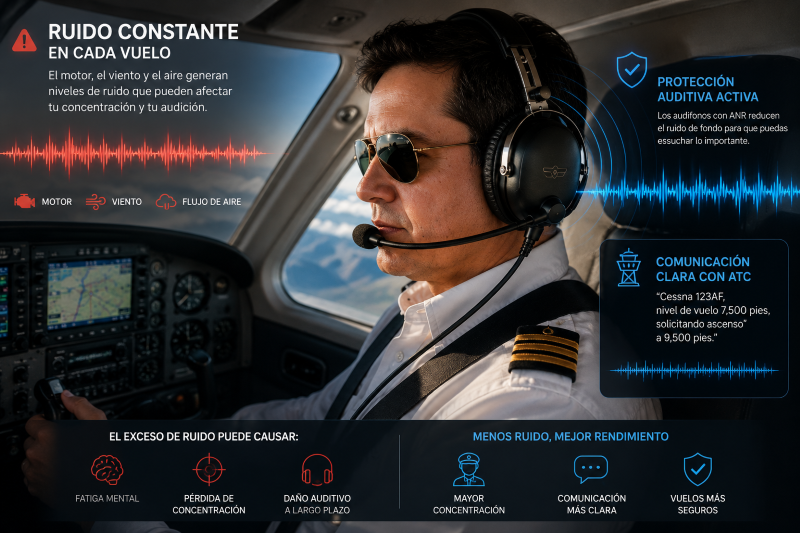Piloto usando audífonos de aviación para reducir ruido y fatiga en cabina