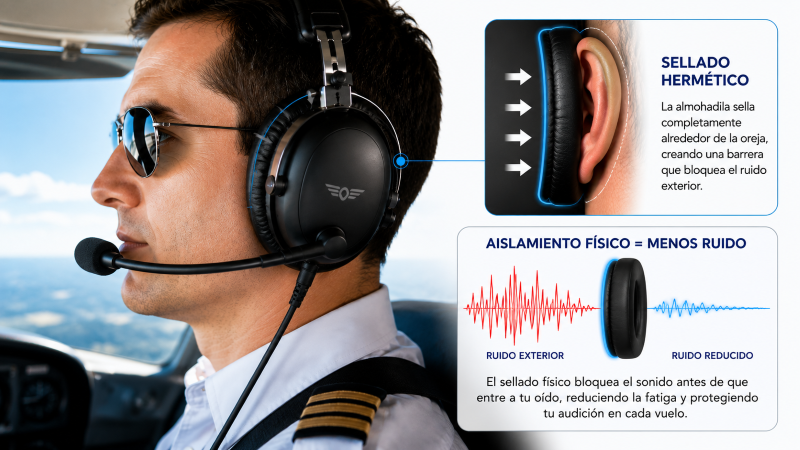 Reducción pasiva de ruido PNR en audífonos de aviación